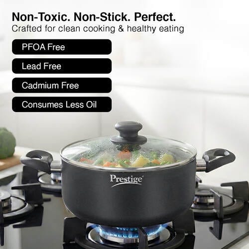 Prestige Omega Deluxe Granite Non-stick Round Base Sauce Pan with Glass Lid, 26cm, 5.75 L (Black)