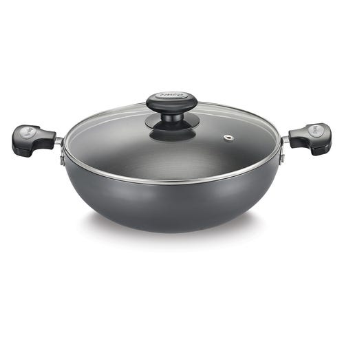 Prestige Hard Anodised Plus Gas and Induction Compatible Kadai with Glass Lid, Black