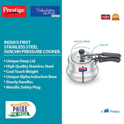 Prestige Nakshatra Alpha Svachh Stainless Steel Spillage Control Handi Pressure Cooker (Silver)