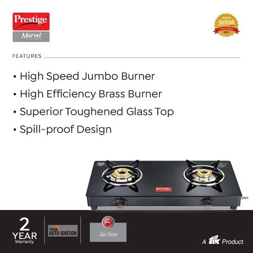 Prestige Marvel Glass Top Gas Stove (2 Burners) with Auto Ignition | Trip-pin Burners | Additional Drip Tray