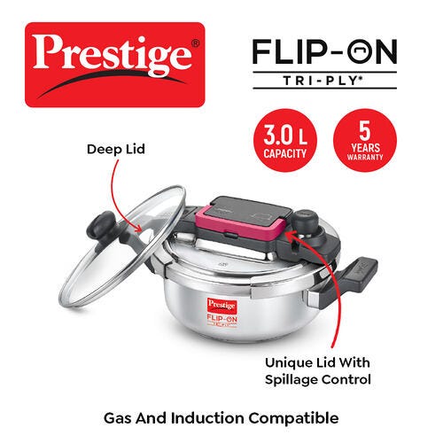 PRESTIGE FLIP-ON TRI-PLY STAINLESS STEEL PRESSURE COOKER 3 L 220m WITH GLASS L|D
