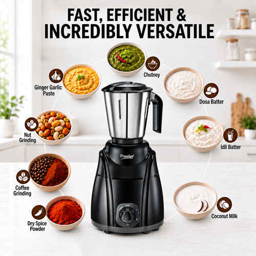 Prestige Elliot 750 Watt 3 Jar Mixer Grinder | Hybrid Copper Motor | 3 Speed Control with Pulse Function | 3 Stainless Steel Jars| Sturdy Ergonomic Handles| 2Y Warranty | ISI Certified