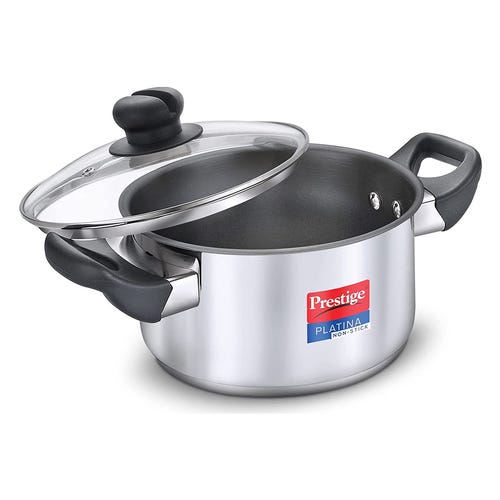 Prestige Platina Non-stick Stainless Steel Unique Impact Forged Bottom Casserole with Glass Lid 22cm (Silver)