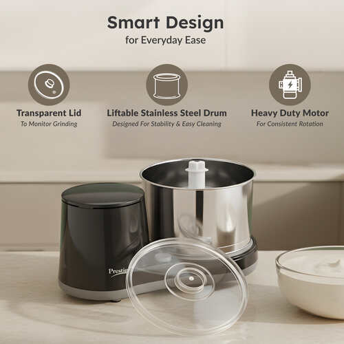 Prestige Ultima Pro 2 Litre Table Top Wet Grinder |200 Watts Heavy Duty Motor|Coconut Scraper Attachment|Atta Kneader Attachment|Stainless Steel Drum|2 Years Warranty|Silver & Black