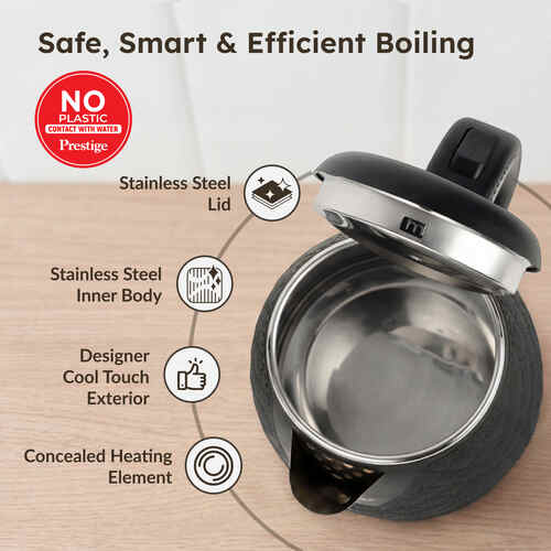 Prestige PKCT 1.5 Litre Electric Kettle with Designer Cool Touch Exterior| Stainless Steel Inner Body| Dry Heat Protection|Black
