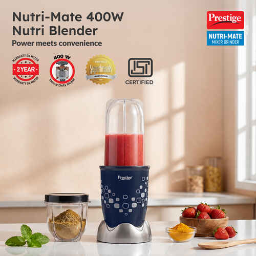 Prestige Nutri-Mate 400W Mixer Grinder|Compact Multipurpose Blender with 2 Jars & 3 Lids (Sipper, Storage, Sprinkle)|Dual Safety Interlock System|Ideal for Smoothies, Juices & Chutneys|1Y Warranty.