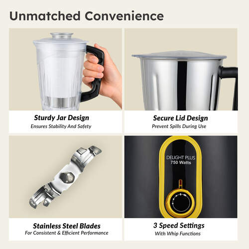 Prestige 750 Watts Delight Plus Mixer Grinder with 4 Jars (3 Stainless Steel Jars + 1 Juicer Jar)| Sturdy Handles| Superior-Grade ABS Body| Yellow and Black