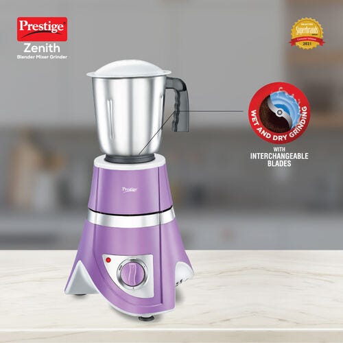 Prestige 750 Watts Zenith Blender Mixer Grinder with 3 Jars (2 Stainless Steel Jars + 1 Jucier Jar)| Flow Breaker Design| Juicer Extractor Jar| Compact Design| Purple