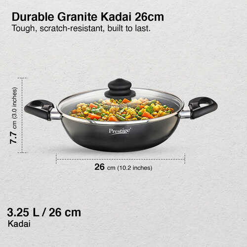 Prestige Omega Deluxe Granite Non-stick Kadai with Glass Lid, 26cm, 3.25 L (Black)
