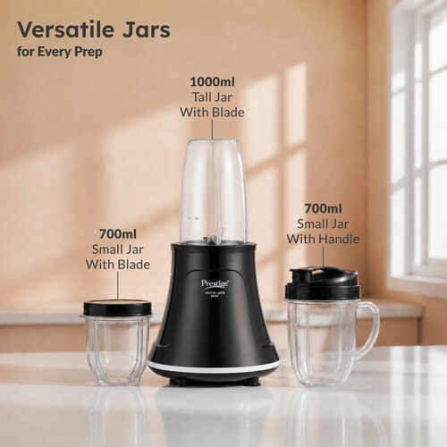 Prestige Nutri-Zen Mixer Grinder with 3 Polycarbonate Jars – Big Jar - 1000ml | Sipper Jar with Handle - 700ml | Small Jar - 700ml |Compact & Powerful Blender for Juices, Shakes & More
