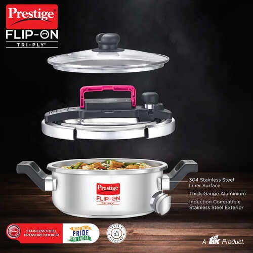 PRESTIGE FLIP-ON TRI-PLY STAINLESS STEEL PRESSURE COOKER 3 L 220m WITH GLASS L|D