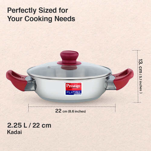 Prestige Platina Popular Stainless Steel Unique Impact Forged Bottom Kadai with Toughened Glass Lid, 22cm (2.25 L) (Silver)