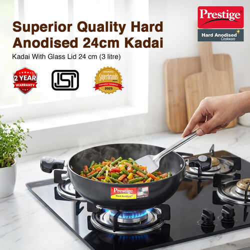 Prestige Hard Anodised Plus Gas and Induction Compatible Kadai with Glass Lid, 24 cm, Black
