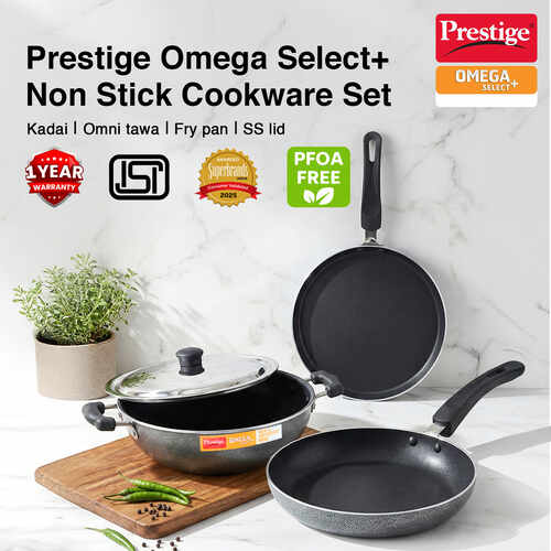 Prestige Omega Select Plus Non-stick Kitchen Set (Omni Tawa 27.5cm, Fry Pan 25cm, Kadai with Lid 25cm) (Black)