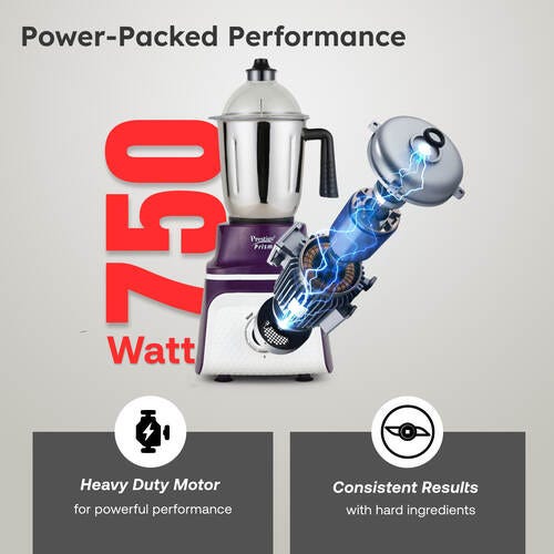 Prestige 750 Watts Prism Mixer Grinder with 3 Stainless Steel Jars| LED Power Indicator|Flow Breaker Design|Sturdy Handles| Purple and White