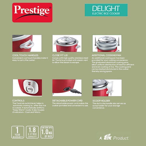 Prestige Cute Rice Cooker with Close Fit Stainless Steel Lid (Red)