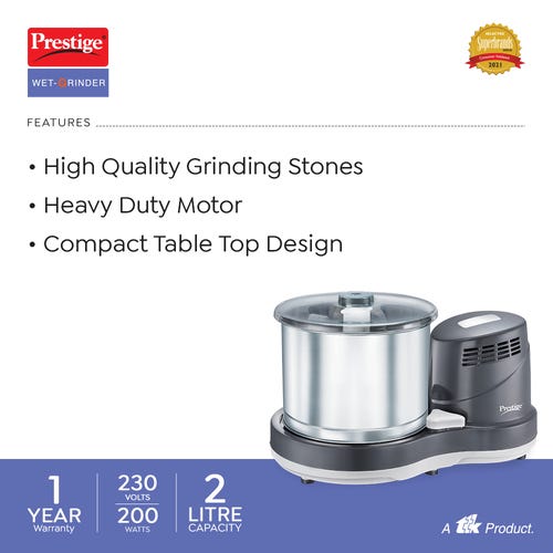 Prestige PWG 08 Wet Grinder with Stainless Steel Drum 200 W, 2 L (Black, Silver)