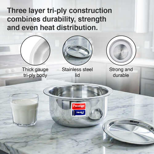 Prestige 16cm/1.4L Tri-Ply Stainless Steel Tope with Lid|Gas and Induction Compatible| Even Heat Distribution|Strong and Durable| 5 Years Warranty