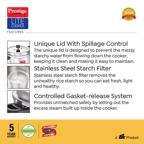 Prestige Lite Cooke Svachh Stainless Steel Spillage Control Pressure Cooker with Starch Filter (Silver)