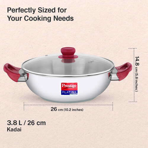 Prestige Platina Popular Stainless Steel Unique Impact Forged Bottom Kadai with Toughened Glass Lid, 26cm (3.8 L) (Silver)