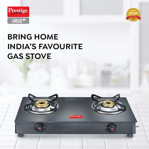 PRESTIGE IRIS PLUS LP GAS STOVE GTI-02+ (WITH POWDER COATED BODY, GLASS TOP AND 2 UNIT BRASS BURNERS)