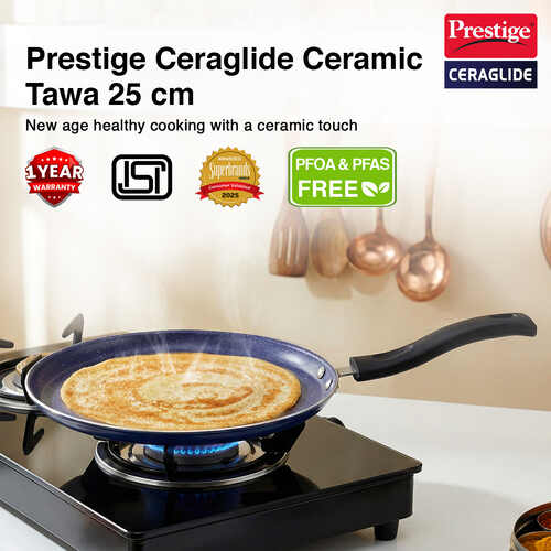 Prestige Ceraglide Ceramic Coated 25cm Non-Stick omni tawa | Consumes Less Oil | Preferred For High Heating & Even Heating | Stain-Resistant | Gas & Induction Compatible | No Harmful Chemicals