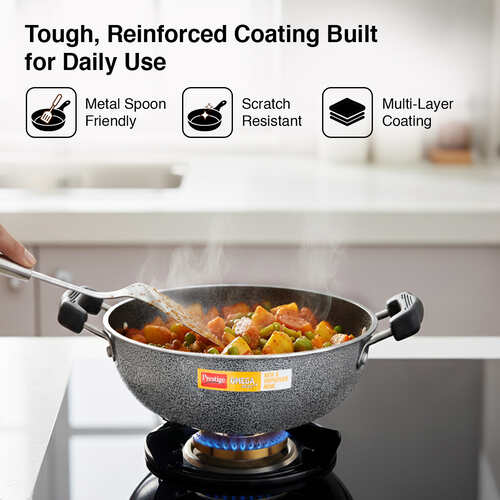 Prestige Omega Select Plus Superior Non-stick Coating Round Base Kadai with Lid, 20cm (Black)