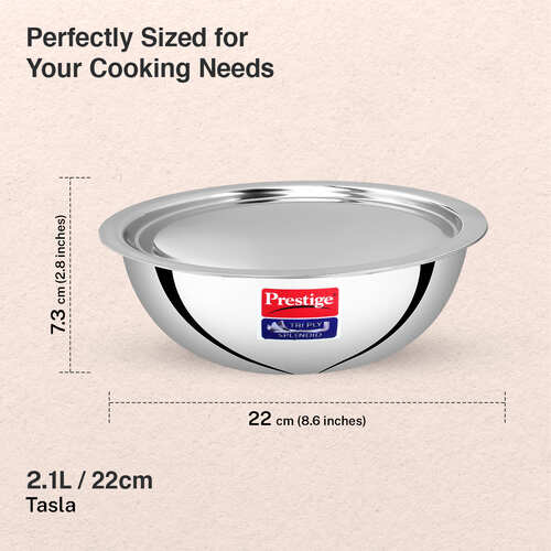 Prestige 22cm/2.1L Tri-Ply Stainless Steel Splendid Tasla with Lid|Gas and Induction Compatible|Even Heat Distribution| Thick Gauge Tri-Ply Body|15 Year Warranty