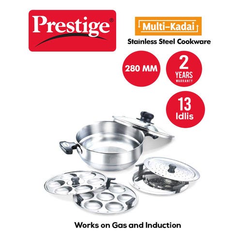 Prestige Stainless Steel Induction Base Multi-Kadai with Glass Lid (Dhokla Plate, Patra Plate, Idli Plates), 28cm (Silver)