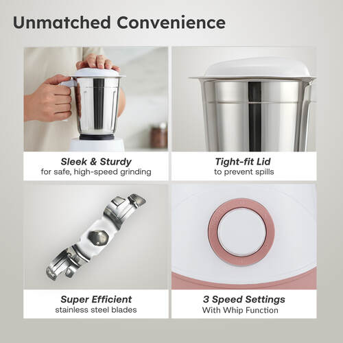 Prestige 500W Nexus Mixer Grinder with 3 Stainless Steel jars|1200ml Wet Jar,800ml dry jar, 400ml chutney jar|3 Super-efficient Blades|3 motor setting|Sturdy Handles |2 Yrs Warranty|White & Rose Gold