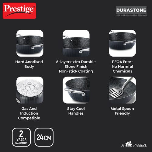 Prestige Durastone Hard Anodised 6 Layer Non-Stick Kadai with Glass Lid (Black)