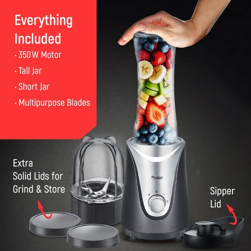 Prestige 350 Watts Nutri-Mix 1.0 Mixer Grinder with 2 Jars|Compact Design| Multipurpose Jars| Overload Protection| Sipper Lids