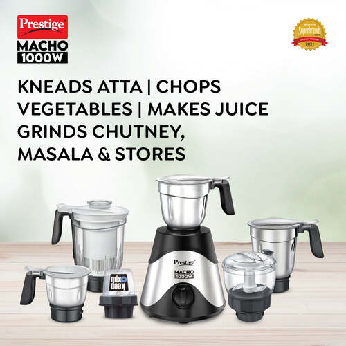 Prestige 1000 Watts Macho Mixer Grinder with 4 Jars (3 Stainless Steel Jars + 1 Juicer Jar)| Multi-Utility Jar| Mix-O-Keep Jar| Kneader & Chopping Blades| Stainless Steel Body| Silver & Black
