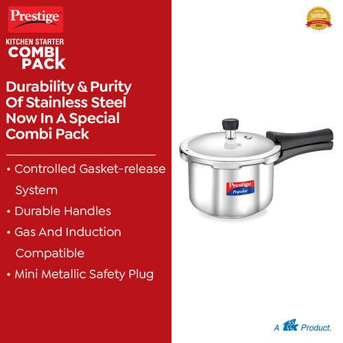 Prestige Popular Gas and Induction Compatible Pressure Cooker (3 L) + Platina Popular Kadai with Glass Lid, 22 cm (2.25 L) Kitchen Set