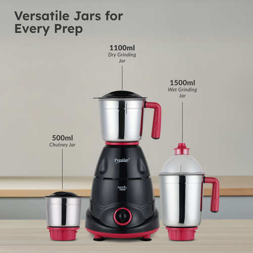 Prestige 750 Watts Regal Mixer Grinder with 3 Stainless Steel Jars| Appealing Design| Sturdy Handles| Red and Black