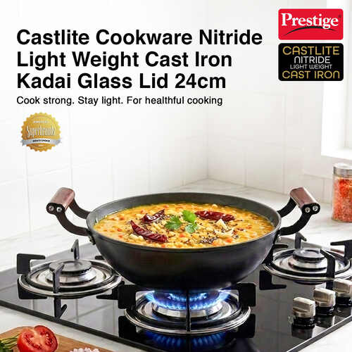 Prestige Lightweight Cast Iron Kadai 24cm/2.4L with Glass Lid | Castlite Series | Durable & Easy to Clean | Enamel Coated | Gas & Induction Compatible | 15Y Product Warranty
