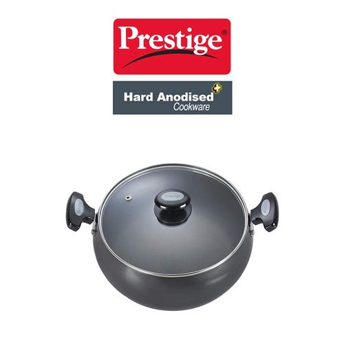 Prestige Hard Anodised Plus Gas and Induction Compatible Sauce Pan with Glass Lid, (Black)