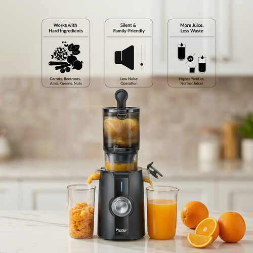 Prestige Natura 200W Cold Press Slow Juicer | 105mm Wide Chute | Interlocking Safety  | Reverse Function | Juice and Pulp Collectors | Quiet Operation | Easy to Clean | Black | 2 Year Warranty