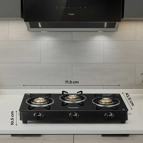 Prestige Iris 3 Burner Gas Stove | Toughened Glass Top | Tri-Pin Brass Burners | Ergonomic Knob | Black | 2Y Warranty | ISI Certified