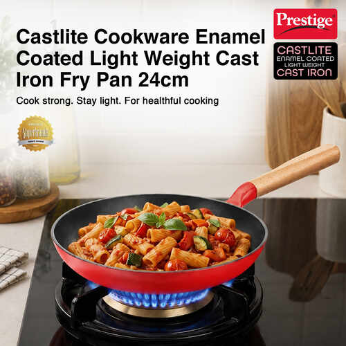 Prestige Castlite Enamel Coated Cast Iron Fry Pan 24cm/1.4L | Lightweight, High Heat Retention | Gas & Induction Compatible | Low-Oil Cooking | Stay-Cool Wooden Handle | Easy Clean | 15Y Warranty