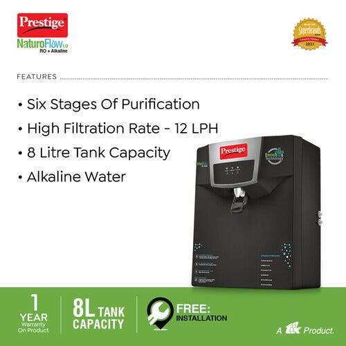 Prestige CleanHome Naturoflow 1.0 RO+ Alkaline Water Purifier, 8L (Black)