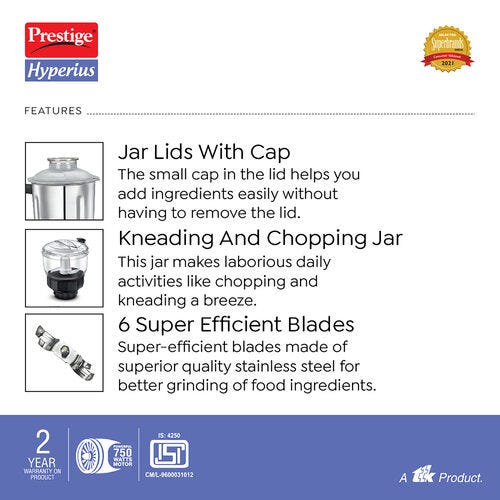 Prestige 750 Watts Hyperius Purpose Mixer Grinder with 4 Jars | Unique Fail-Safe Couplers| Kneading & Chopping Jar| Juicer Extractor Jar| Compact Design| Black