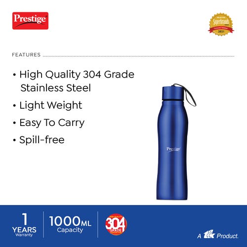 Prestige PSWBC 08 Stainless Steel Single Wall Water Bottle, 1 L (Assorted)