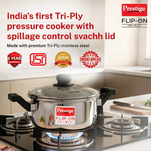 PRESTIGE FLIP-ON TRI-PLY STAINLESS STEEL PRESSURE COOKER 2 L 180m WITH GLASS LID