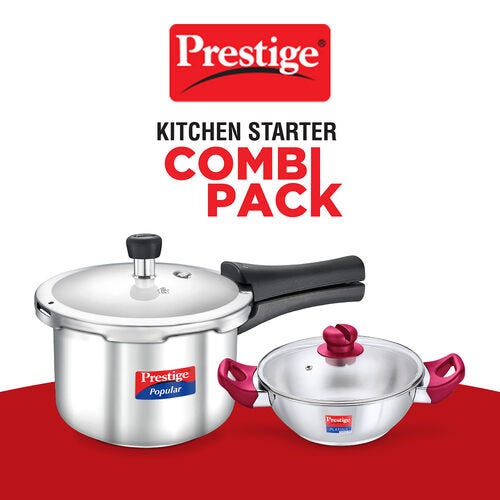 Prestige Popular Gas and Induction Compatible Pressure Cooker (3 L) + Platina Popular Kadai with Glass Lid, 22 cm (2.25 L) Kitchen Set
