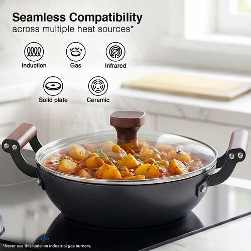 Prestige Castlite Patterned Enamel Coated Cast Iron Kadai 24cm/2.4L with Glass Lid | High Heat Retention, Rust-Proof | Gas & Induction Compatible | Low-Oil Cooking | Stay-Cool Handles | 15Y Warranty