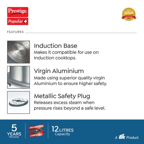Prestige Popular Plus Virgin Aluminium Gas and Induction Compatible Pressure Cooker, 12 L (Silver)