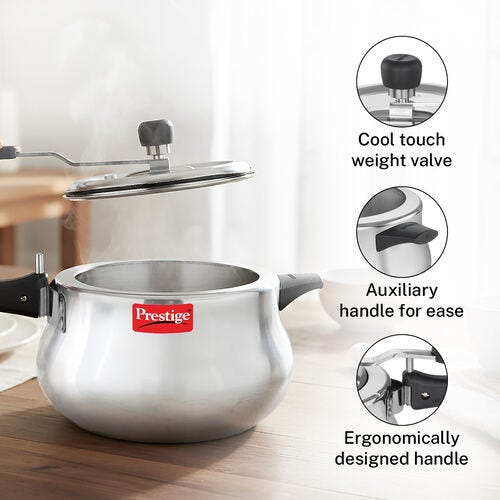 Prestige Nakshatra Plus Svachh Aluminium Spillage Control Handi Pressure Cooker, 5 L (Silver)