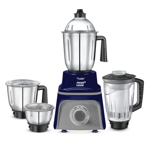 Prestige Prism Plus 1000W Mixer Grinder with 3 Stainless Steel Jars & 1.5L Transparent Juicer Jar – Wet 1.5L, Dry 1.0L, Chutney 450ml | Heavy Duty Motor
