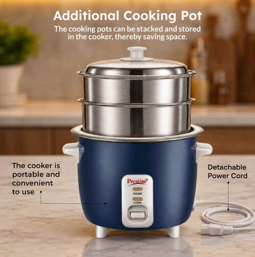 Prestige Cute 0.6-2 SS 300W Open Type|Stainless Steel Cooking Pan 2U|Cool Touch Handles Electric Pressure Cooker (0.6 L, Dark Blue)